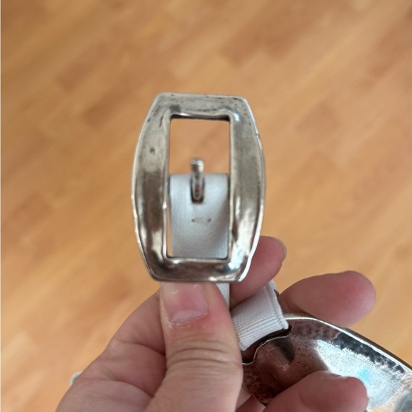 White Leather Belt with Silver Oval Hardware by Sandy Dufner